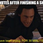 I've been falling for 30 minutes | ME 30 MINUTES AFTER FINISHING A SHOW I LIKE; I have been crying, FOR 30 MINUTES! | image tagged in i've been falling for 30 minutes | made w/ Imgflip meme maker
