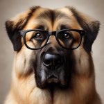 Dog wearing glasses, looking serious