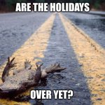 Holiday roadkill | ARE THE HOLIDAYS; OVER YET? | image tagged in frog roadkill,memes,frog,playing possum,holidays,merry christmas | made w/ Imgflip meme maker