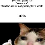 "you are addicteeeeeed!!" | "you cant game rn!"
"awwwww"
"dont be sad or not gaming for a week! me: | image tagged in sad cat thumbs up white spacing,gaming | made w/ Imgflip meme maker