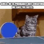 frfr | GIRLS: HE IS PROBABLY OUT CHEATING.
ME AND THE BOYS: | image tagged in gifs,cats,funny,me and the boys | made w/ Imgflip video-to-gif maker