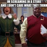 Buddy the Elf Santa | IM SCREAMING IN A STORE AND I DON'T CARE WHAT THEY THINK | image tagged in buddy the elf santa | made w/ Imgflip meme maker