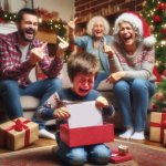 Family Laughing At Crying Child Opening Christmas Present
