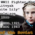 WWII female ace Lydia Litvyak - The White Lily | Soviet WWII Fighter Ace
Lydia Litvyak
“The White Lily”; Top female ace
of all time; Born 18 AUG 1921
Died 01 AUG 1943; Hero of the Soviet Union | image tagged in soviet wwii fighter ace lydia litvyak white lily jpp,history,aviation,wwii,pilot,flying | made w/ Imgflip meme maker