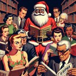 Nervous santa in a library with angry readers