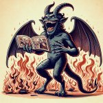 Satan holding a romance novel laughing menacingly while standing