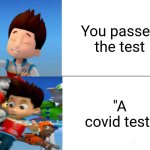 PAW Patrol Ryder knocked over | You passed the test; "A covid test" | image tagged in paw patrol ryder knocked over,memes | made w/ Imgflip meme maker