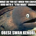 Does this joke work? Also, please don't cancel me for body-shaming. | WHAT DO YOU GET WHEN YOU CROSS A FAT BIRD WITH A "STAR WARS" CHARACTER? OBESE SWAN KENOBI | image tagged in memes,bad joke eel,birds,star wars,obi wan kenobi,so yeah | made w/ Imgflip meme maker