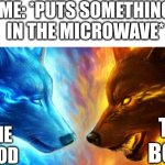 Why does this happen ?? | ME: *PUTS SOMETHING IN THE MICROWAVE*; THE FOOD; THE BOWL | image tagged in ice and fire,microwave | made w/ Imgflip meme maker