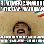 Juan Mexican Man | (RLM) MEXICAN WORD OF THE DAY: MARIJUANA; PAPA URGED ME TO MARRY JANE. HOWEVER, I REALLY WANTED TO MARIJUANA—SHE WAS SMOKING HOT! | image tagged in juan mexican man | made w/ Imgflip meme maker