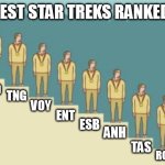 Best Star Trek Series Ranked - End of Debate Version | BEST STAR TREKS RANKED; TOS; DS9; TNG; VOY; ENT; ESB; ANH; TAS; ROTJ; STD | image tagged in last place celebration | made w/ Imgflip meme maker