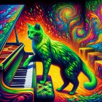 green cat playing piano meme