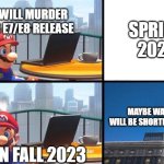 can't wait that long. | WHEN WILL MURDER DRONES E7/E8 RELEASE; SPRING 2024; MAYBE WAIT TIME WILL BE SHORTER IN HEAVEN; ME IN FALL 2023 | image tagged in mario jumps off of a building,murder drones | made w/ Imgflip meme maker