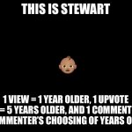 Can’t wait to see if it gets over 100 years old lol | THIS IS STEWART; 👶🏽; 1 VIEW = 1 YEAR OLDER, 1 UPVOTE = 5 YEARS OLDER, AND 1 COMMENT = COMMENTER’S CHOOSING OF YEARS OLDER | image tagged in blank black | made w/ Imgflip meme maker