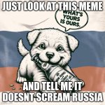 faded Russian flag in background, a puppy holding a bottle of vo | JUST LOOK AT THIS MEME; AND TELL ME IT DOESNT SCREAM RUSSIA | image tagged in faded russian flag in background a puppy holding a bottle of vo | made w/ Imgflip meme maker