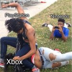 Nobody: game companies | Nintendo; PlayStation; Xbox | image tagged in guy recording a fight | made w/ Imgflip meme maker