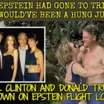 Bill Clinton And Donald Trump Shown On Epstein Flight Logs | IF EPSTEIN HAD GONE TO TRIAL, IT WOULD'VE BEEN A HUNG JURY. BILL CLINTON AND DONALD TRUMP
SHOWN ON EPSTEIN FLIGHT LOGS | image tagged in political elite,donald trump,bill clinton,bill clinton - sexual relations,jeffrey epstein,hillary clinton fail | made w/ Imgflip meme maker