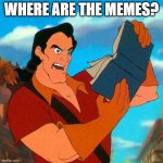 No One Memes Like Gaston | WHERE ARE THE MEMES? | image tagged in gaston reads | made w/ Imgflip meme maker