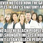 Shinda Rhimes is an overt homophobe - whites = gay, blacks = hetro! #cancellshondarhimes | YOU NEVER NOTICED HOW THE GAY AND LESBIAN COUPLES IN GREY'S ANATOMY ARE ALL WHITE. AND ALL THE BLACK PEOPLE ARE ALL HETRO! SHONDA RIMES IS A HOMOPHOBE! SHE WON'T LET ANY BLACK PEOPLE BE GAY! | image tagged in grey's anatomy,memes,funny,blacks hate gays,homophobe,shonda rhimes | made w/ Imgflip meme maker