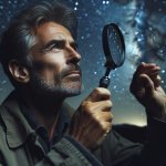 Guy looking at the stars through a magnifying glass squinting