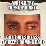 Eying | WHEN U TRY TO ENJOY DINNER; BUT THAT SHITASS FLY KEEPS COMING BACK | image tagged in eying | made w/ Imgflip meme maker