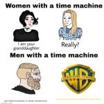 if i had a time machine i would stop warner bros merging with discovery | DON'T MERGE WITH DISCOVERY IT'LL DESTROY YOUR REPUTATION; YOUR RIGHT I DON'T WANT MY LEGACY TO BE TARNISHED OKAY I WON'T MERGE WITH DISCOVERY | image tagged in men with a time machine,warner bros discovery | made w/ Imgflip meme maker