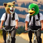 Two Mormon missionaries on bicycles with Washington State cougar