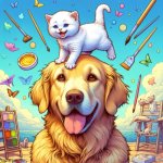 tiny happy white kitten on a golden retriver | image tagged in tiny happy white kitten on a golden retriver | made w/ Imgflip meme maker