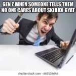 Gen z be like | GEN Z WHEN SOMEONE TELLS THEM THAT NO ONE CARES ABOUT SKIBIDI GYAT OHIO | image tagged in man hitting computer | made w/ Imgflip meme maker