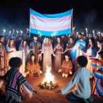 Trans persons doing a summoning ritual with the trans flag in th meme