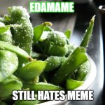 Edamame meme | EDAMAME; STILL HATES MEME | image tagged in salted edamame | made w/ Imgflip meme maker