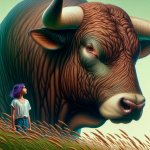 A bull with big horns beeing a side by a girl with purple hair