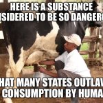 Raw milk is not dangerous | HERE IS A SUBSTANCE CONSIDERED TO BE SO DANGEROUS; THAT MANY STATES OUTLAW ITS CONSUMPTION BY HUMANS. | image tagged in cow milking | made w/ Imgflip meme maker