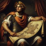 Alexander the great sitting with a map in his hands
