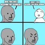 Burn | DID YOU JUST ASSUME MY GENDER? I DIDN'T EVEN ASSUME YOU WERE HUMAN. | image tagged in npc meme,burn,did you just assume my gender,gender identity,you asked,you are not special | made w/ Imgflip meme maker