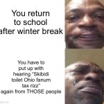 Black Guy Crying | You return to school after winter break; You have to put up with hearing “Skibidi toilet Ohio fanum tax rizz” again from THOSE people | image tagged in black guy crying,gen alpha | made w/ Imgflip meme maker