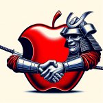 Logo Apple et Samsung se serrant la main