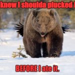 Indigestion | I knew I shoulda plucked it; BEFORE I ate it. | image tagged in bears | made w/ Imgflip meme maker