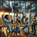office people partying in storm