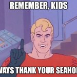 Thank your Seashorse | REMEMBER, KIDS; ALWAYS THANK YOUR SEAHORSE | image tagged in aquaman questions,aquaman,super friends,seahorse,funny memes,memebop | made w/ Imgflip meme maker