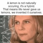 hm...that's something to think about. | A lemon is not naturally occuring, it's a hybrid. That means life never gave us lemons, we invented it ourselves. | image tagged in gifs,memes,shower thoughts,confused | made w/ Imgflip video-to-gif maker