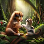 cute puppy by a kitten in the jungle