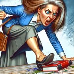 angry female teacher with big blue eyes stomping on a book