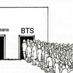 Two doors crowd | BTS; NewJeans | image tagged in two doors crowd,memes,bts,kpop | made w/ Imgflip meme maker