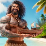 maui from moana holding up a boat and celebrating