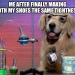 Idk if anyone else does this | ME AFTER FINALLY MAKING BOTH MY SHOES THE SAME TIGHTNESS | image tagged in science dog | made w/ Imgflip meme maker