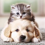 Cute kitten sitting on a puppy