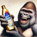 a gorilla presenting the new shampoo