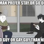 The woman is idiot | THE WOMAN PREFER STAY OR GO OUT WITH; THE BAD GUY OR GAY GUY THAN NICE GUY | image tagged in attractive vs unattractive introverts | made w/ Imgflip meme maker