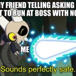 it's fine | MY FRIEND TELLING ASKING IF I WANT TO RUN AT BOSS WITH NO GEAR; ME | image tagged in sounds perfectly safe,the owl house | made w/ Imgflip meme maker